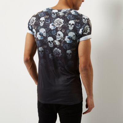 Black faded floral skull print T-shirt